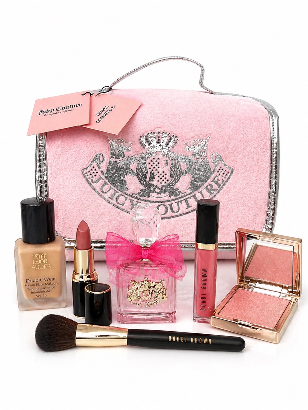 Juicy Couture Pink Cosmetic Case with Silver Crest Trim Travel Bags velour